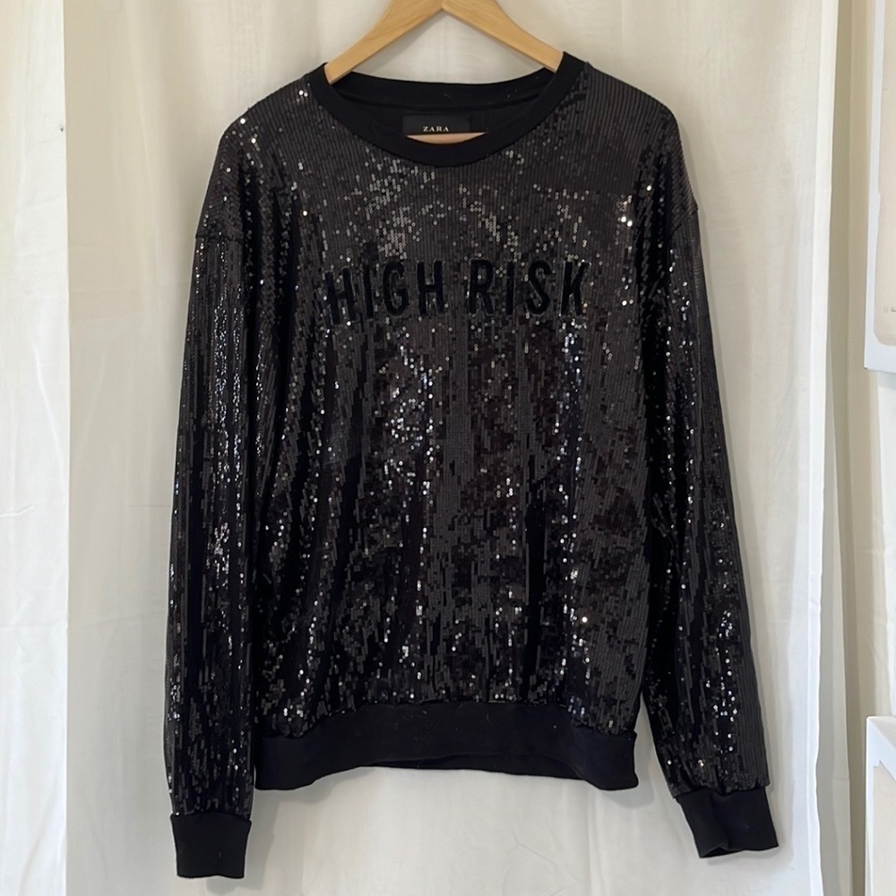 Zara Used Black Sequence “High Risk” Sweater